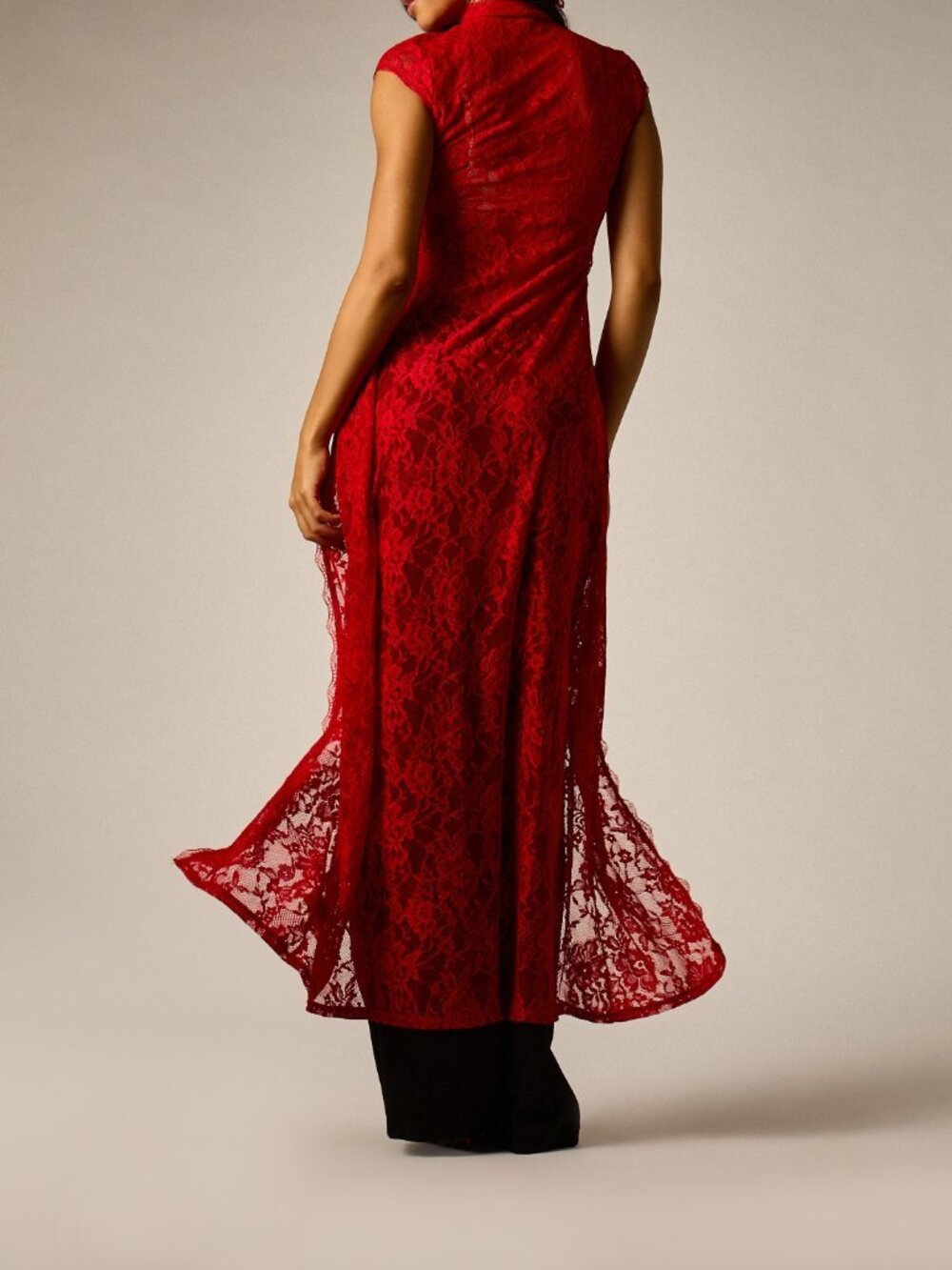 Red Party Women's Floral Lace Longline Open Front Duster Top - Picture 2 of 5